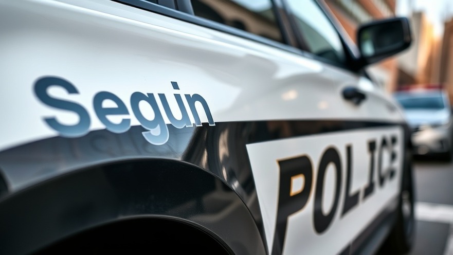 Close-up of a Seguin Police vehicle showcasing detailed lettering in urban setting.