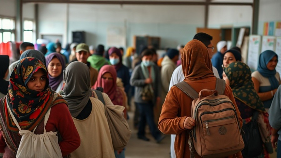 Diverse migrants at an indoor aid center, reflecting U.S. immigration reform efforts.