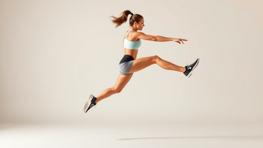 Athletic woman performing explosive training in dynamic plyometric exercise.