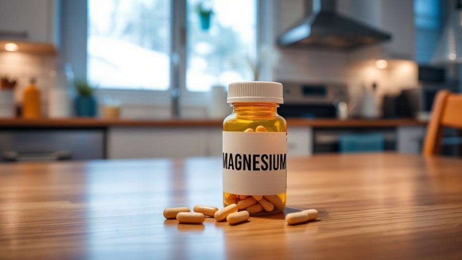 MAGNESIUM pill bottle on kitchen table highlighting magnesium health benefits.