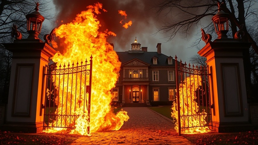 Gate on fire with a mansion in the background; San Antonio news violence.