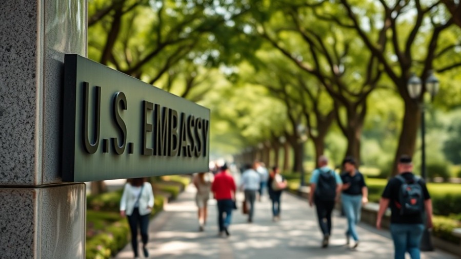 U.S. Embassy sign in a lively park, highlighting immigrant health support amidst bustling pathways.