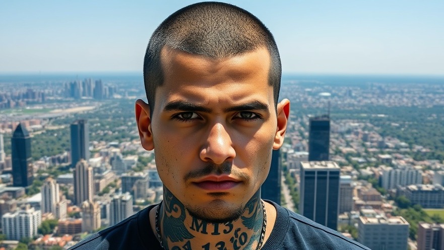 Mugshot of a Hispanic male with MS13 tattoos against a vibrant cityscape, highlighting immigration laws US.