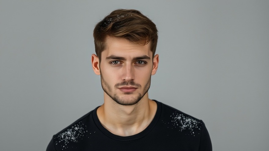 Young man with dandruff, highlighting nutritional signs of vitamin deficiencies.
