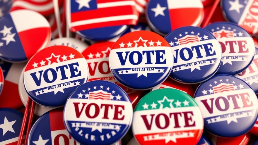 Colorful election buttons promoting voting in Texas for the March primary.