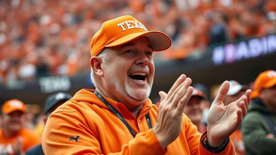 Excited man in a TEXAS cap celebrating emotional moments in sports at a football game.