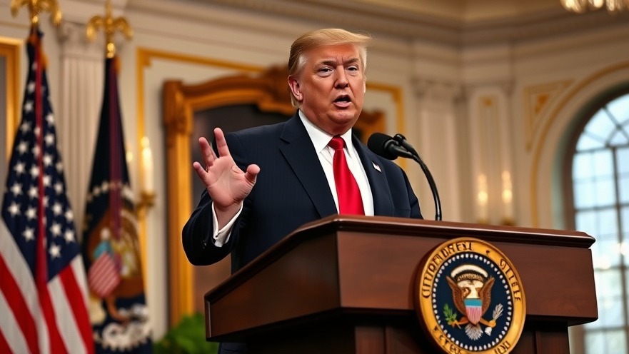 Trump speaking on U.S.-Iran relations in an elegant setting, conveying breaking news.