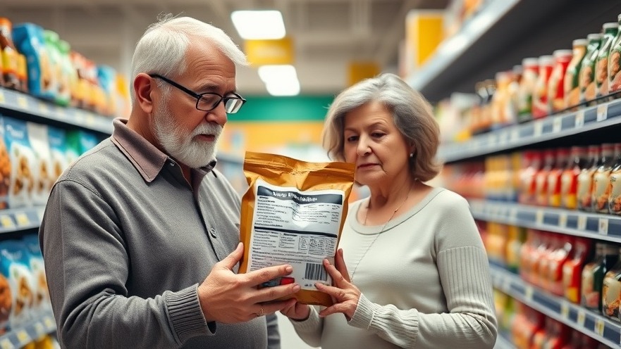 Concerned couple examining dog food dangers in grocery aisle, focusing on harmful ingredients.