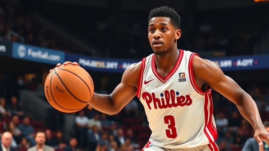 Focused NBA player in action wearing a 'Phils' jersey, capturing basketball highlights with dynamic movement.