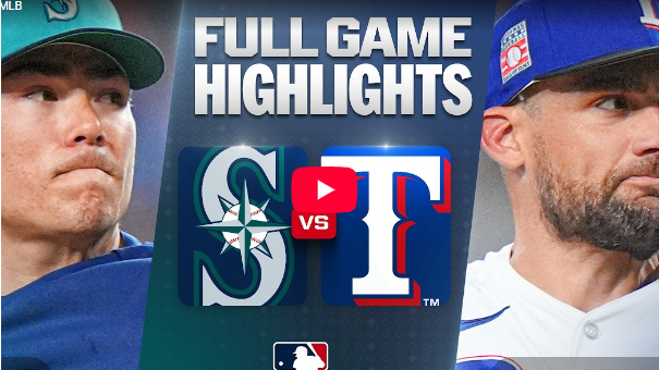 Mariners vs. Rangers game highlights graphic with player close-ups.