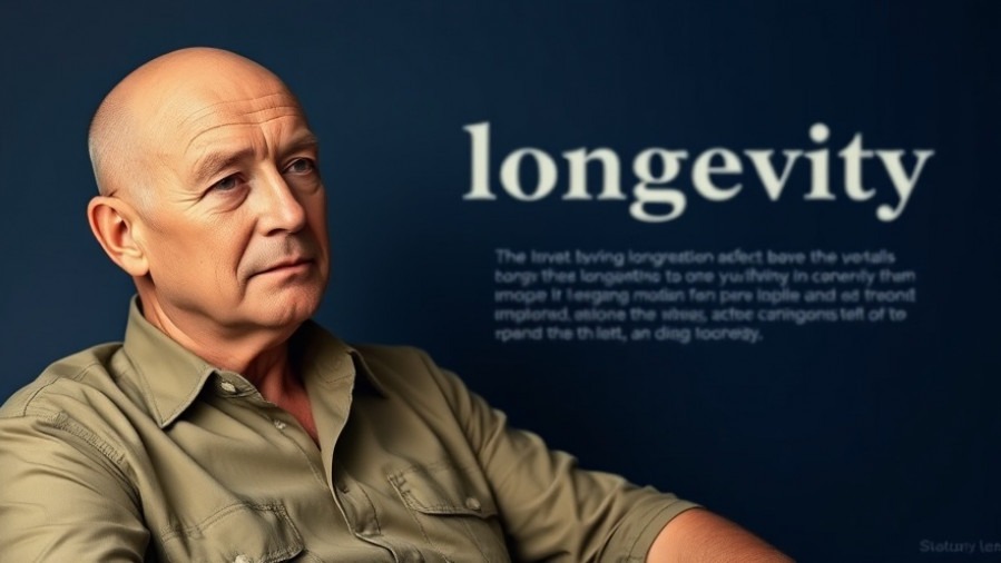 Bald man in khaki shirt displays poster on healthy lifestyle habits for longevity.