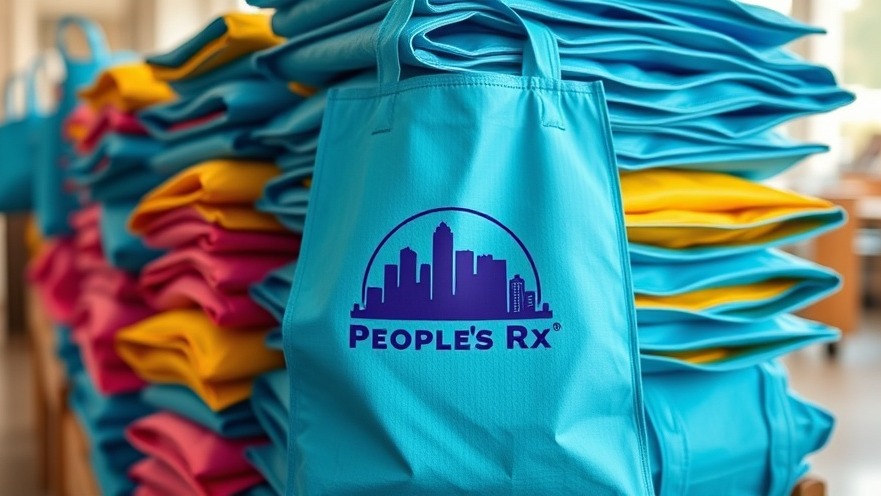 Colorful reusable bags with 'People's Rx' logo, representing Austin lifestyle and community health.