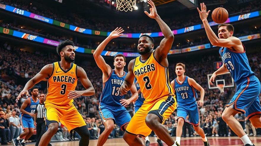 Dynamic basketball action in Pacers and Thunder jerseys, capturing college football scores excitement.