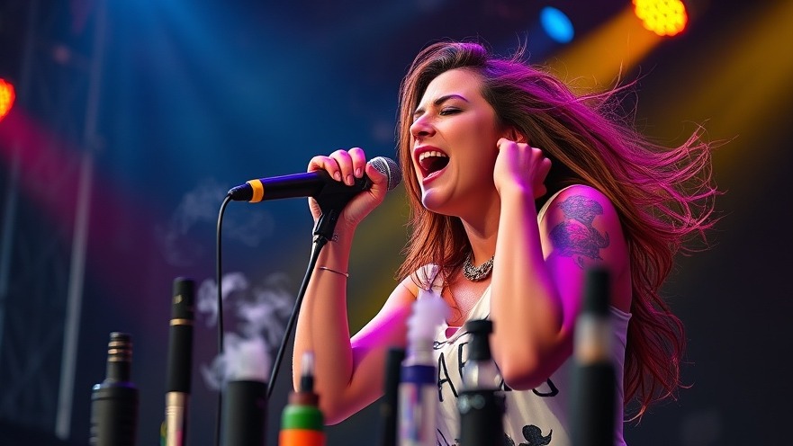 Dynamic female singer on stage amidst vaping devices highlighting effects of vaping on vocal cords.