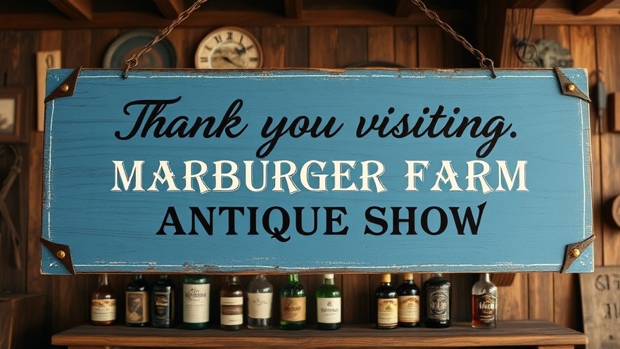 Rustic blue sign for Marburger Farm Antique Show, reflecting San Antonio cultural events.