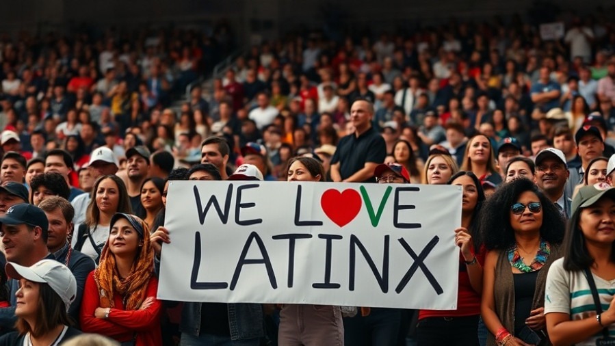 Diverse crowd at a political rally showing Latino voter engagement and support for the 2026 election.