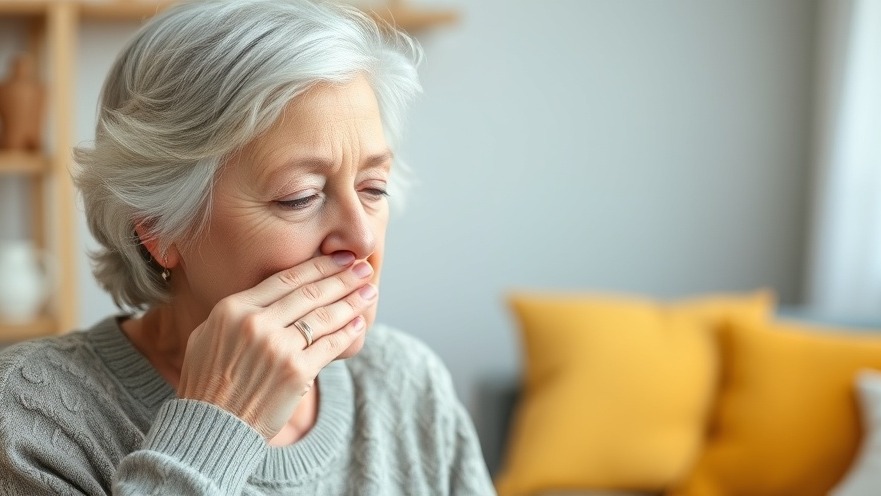 Concerned older woman holds her nose, reacting to burning rubber smell affecting community air quality.