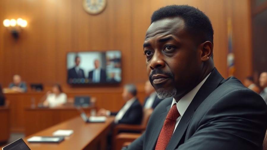 Courtroom scene of a black man, serious expression, amid Michigan football coach controversy.