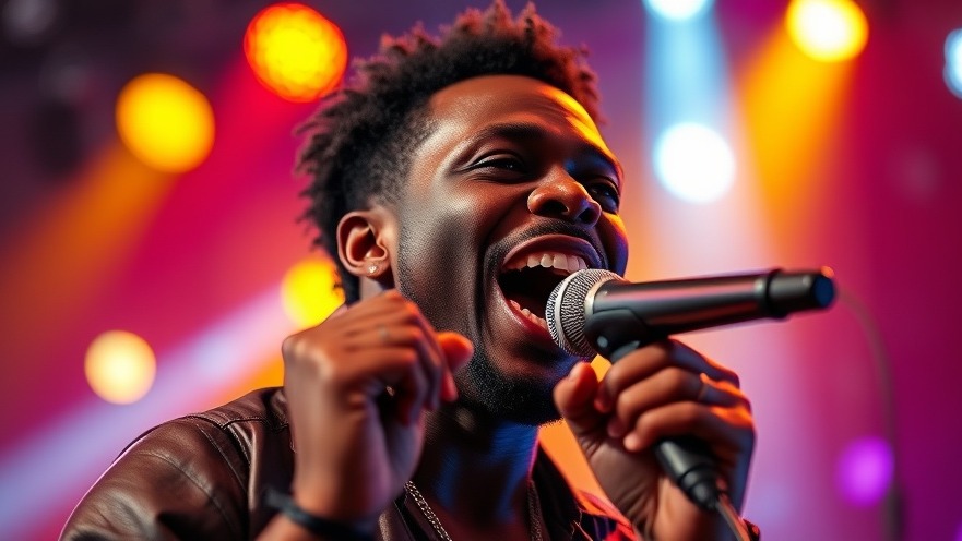 Energetic performer in vibrant concert setting, reflecting artistic expression in music.