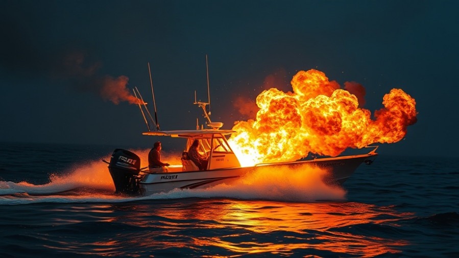Cigarette boat on fire, highlighting breaking US news on drug trafficking.
