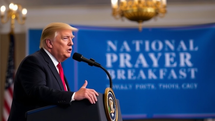 Trump at National Prayer Breakfast discussing flood preparedness and current news today.