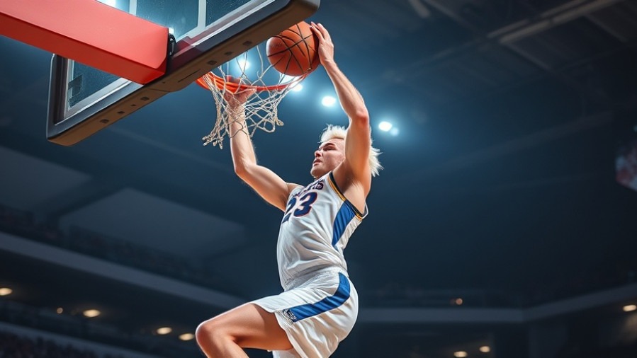 White basketball player with blond hair dunking, showcasing basketball prodigies potential.