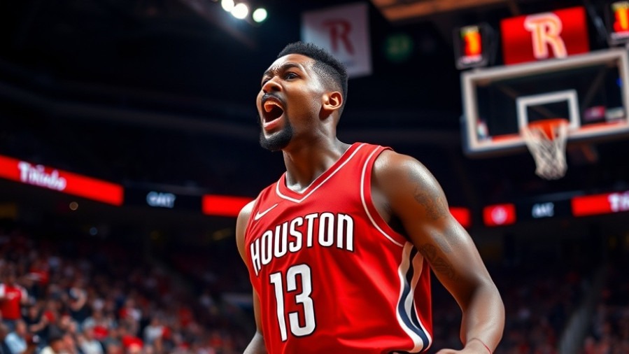 Intense Houston Rockets player mid-shout, showcasing basketball game highlights and emotional impact.