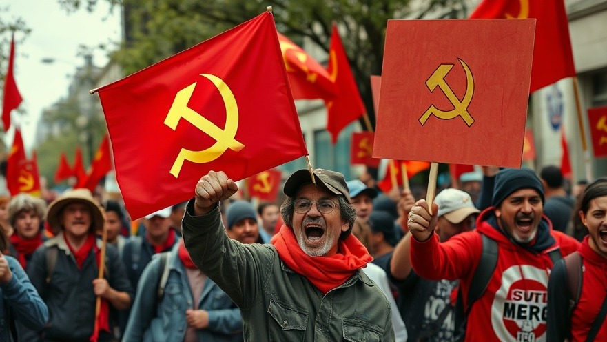 Crazed protestors in the street with communist signs, reflecting national news.