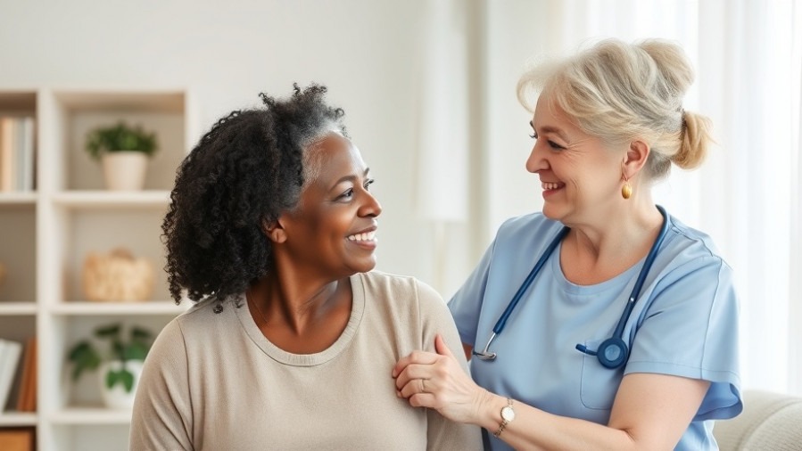 Elder care solutions: home care worker aids elderly woman with care.