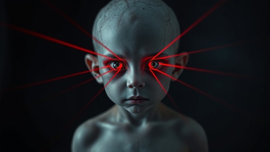 Pale ghostly child with cracked skin and red lasers, perfect for local horror films.