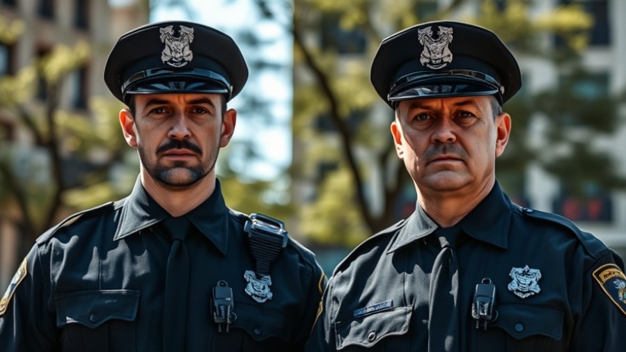 Two confident police officers in an urban setting, highlighting pedestrian safety in Austin.