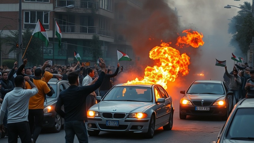 Angry mob of Palestinian protestors setting fire to cars amidst national news on domestic extremism.