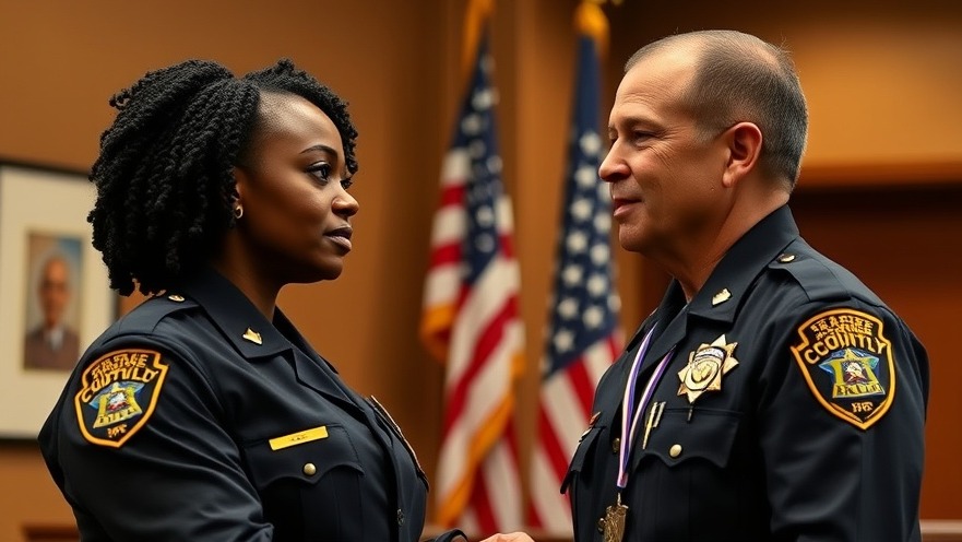 Harris County deputy constable receives promotion badge indoors with American flag