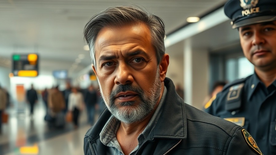 Wilbert Sequeiros facing sexual assault allegations, escorted by police at a busy airport.