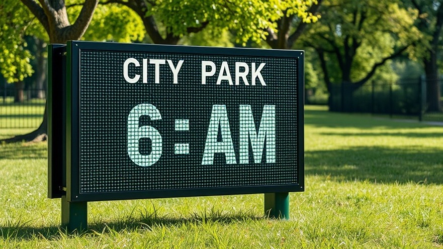Electronic sign showing park hours to enhance community safety against gun violence.