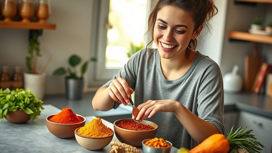 Energetic woman preparing spice mix, promoting healthy living in Houston.