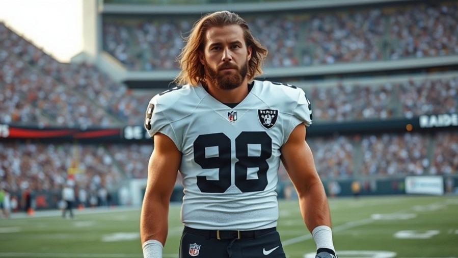Max Crosby in #98 Raiders jersey on field, showcasing dynamic energy amid NFL offseason trades.
