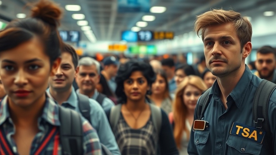 Dynamic airport scene capturing TSA agent and diverse travelers amid news of government shutdown.