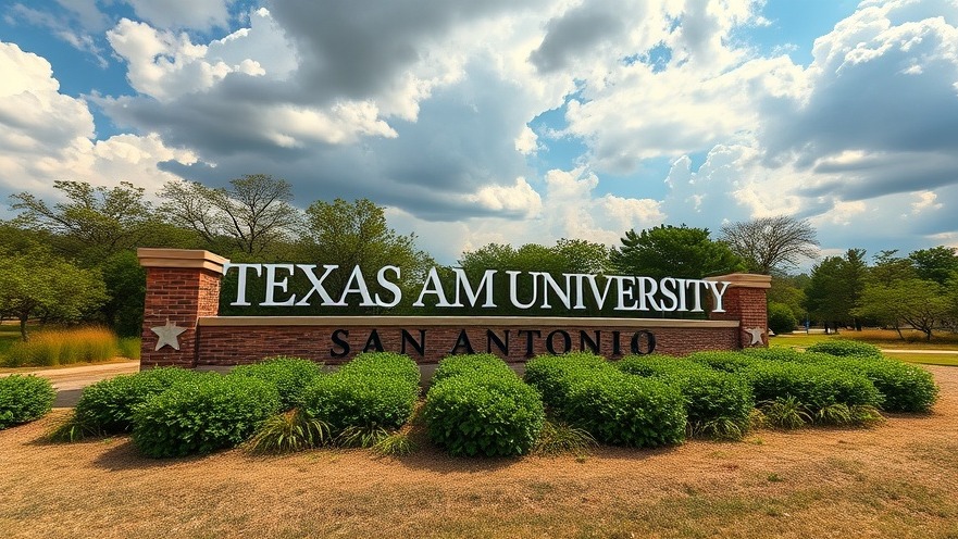 Dramatic Texas A&M University San Antonio entrance with lush landscape, highlighting local safety news.