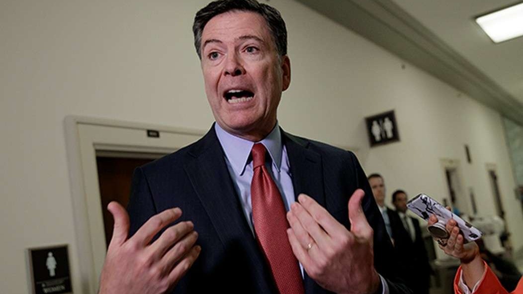 DOJ subpoena Comey split contrasting expressions two men.