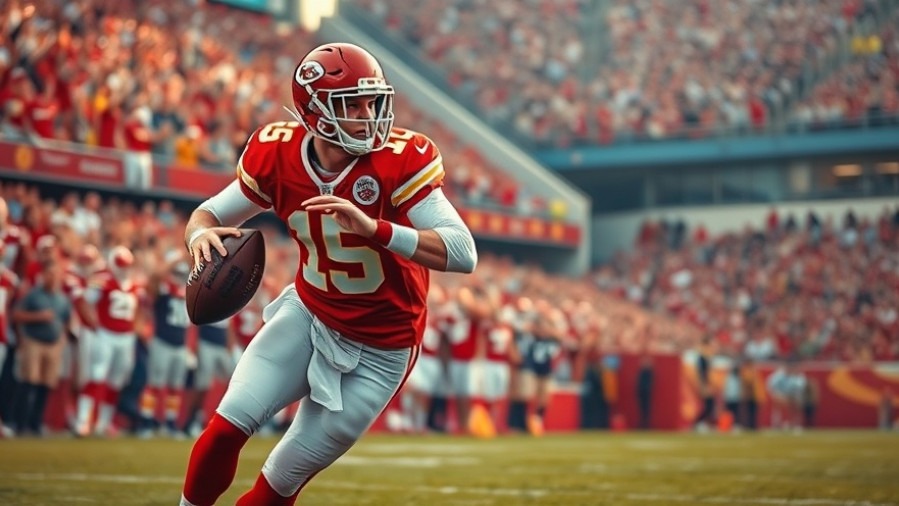 Kansas City Chiefs quarterback showcasing NFL tactics, evading a tackle in vibrant stadium.