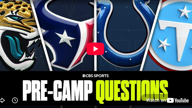 AFC South NFL team logos with pre-camp questions text