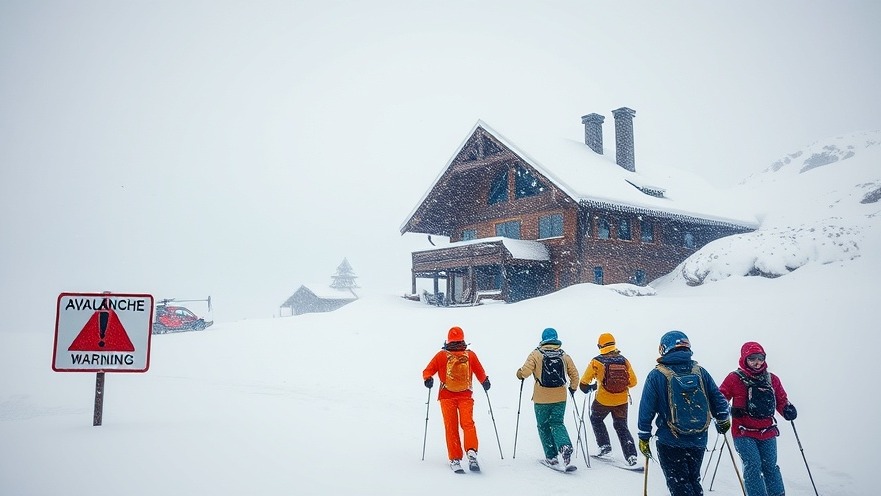 Ski group braves storm near lodge, highlighting avalanches in backcountry skiing.