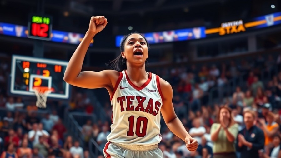 Dynamic Texas Longhorns basketball player celebrating victory in a vibrant arena.