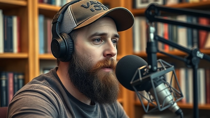 Bearded man in headphones shares NFL news and personal engagement stories in a podcast studio.