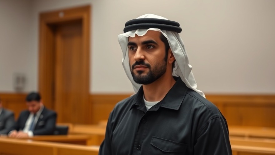 Emotional defense in courtroom: Arabic man in prison uniform during murder case verdict.