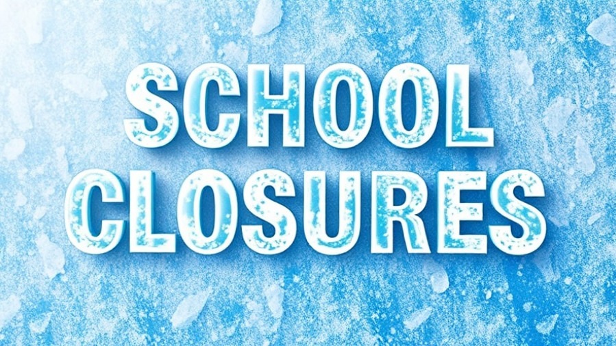 School Closures due to winter weather updates Texas in icy blue and white graphic.