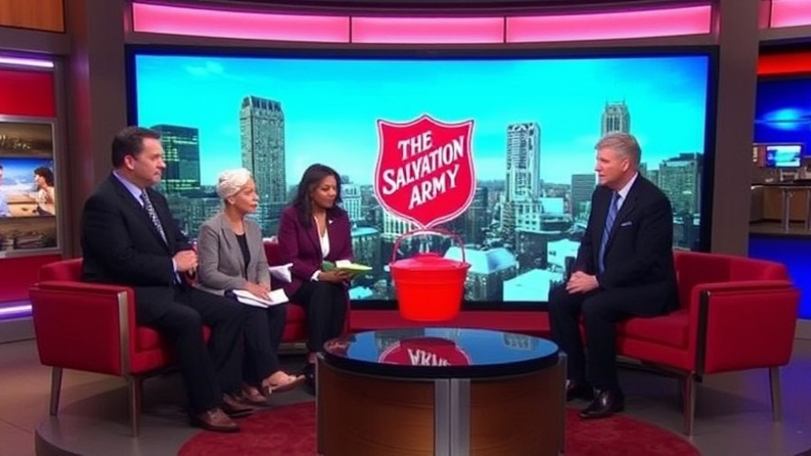 Salvation Army red kettle kickoff event featured on TV, promoting holiday giving.