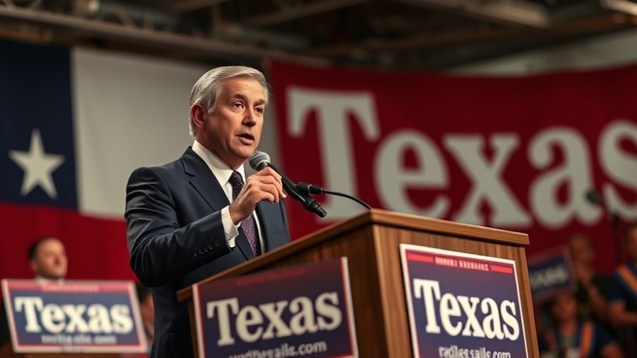 Confident politician passionately speaking at a Texas elections 2026 podium.