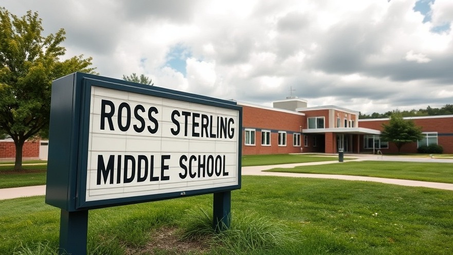 Photorealistic outdoor sign of Ross Sterling Middle School, highlighting Houston crime news and safety updates.